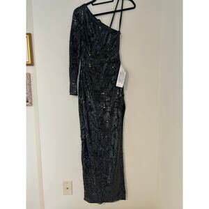 Mac Duggal 10788 Long Sheath Dress One Shoulder Long Sleeve Asymmetric Neckline